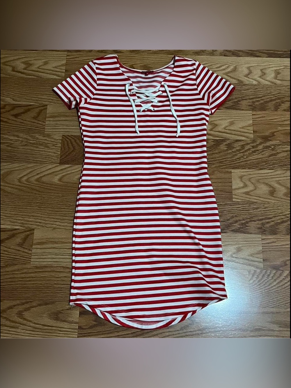 BONGO Red and White Striped Lace-Up Short Sleeve Mini Dress